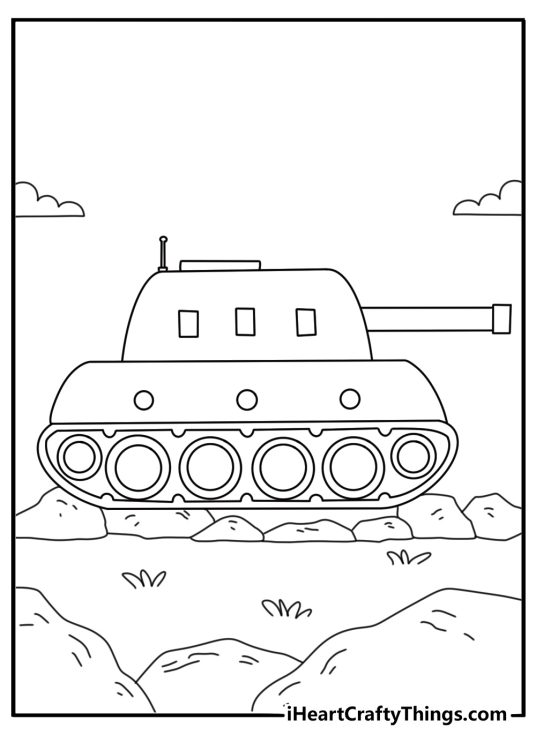 Detailed tank coloring page with a tank crossing rocky ground