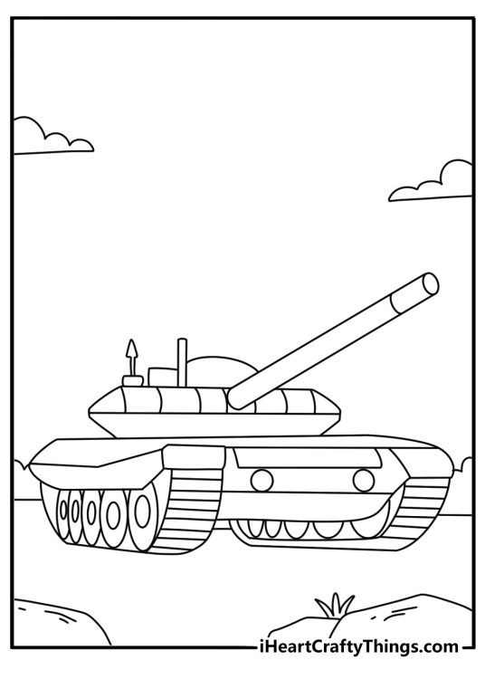 Detailed tank coloring sheet for adults with armor plates and hatch details