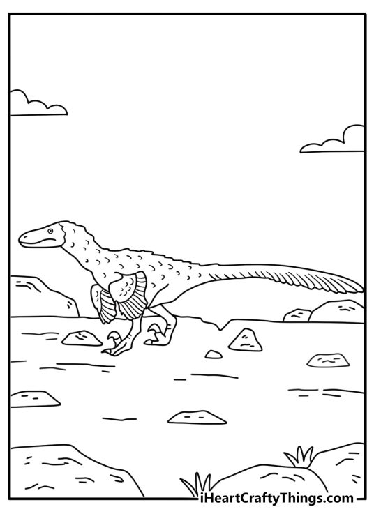 Detailed velociraptor coloring page with feather patterns on the tail and arms
