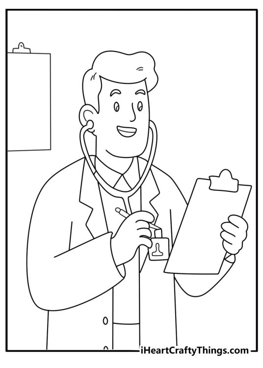 Doctor coat with stethoscope and clipboard medical coloring sheet PDF