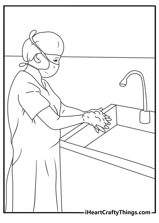 Doctor washing hands at sink in clinic simple coloring page PDF download