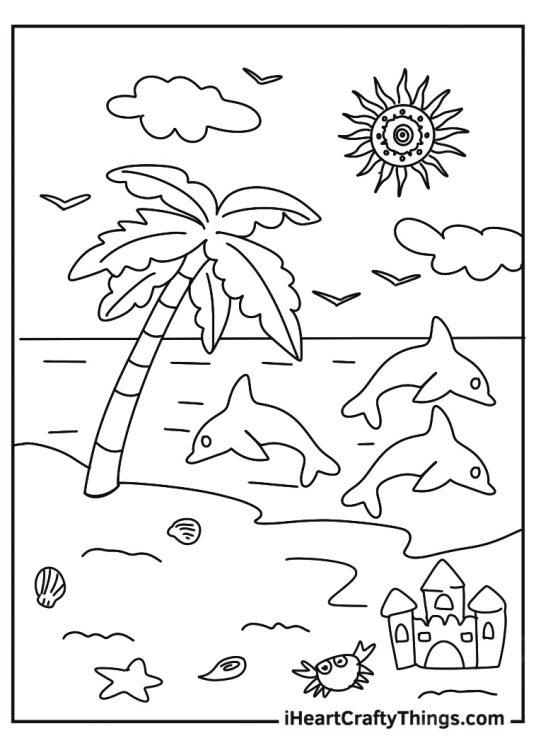 Dolphins, Seashells, Palm Trees, And Sun Mandala At The Beach Coloring Page