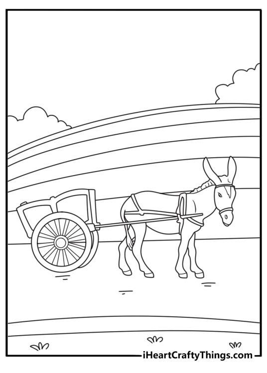 Donkey pulling small cart along farm lane detailed coloring sheet