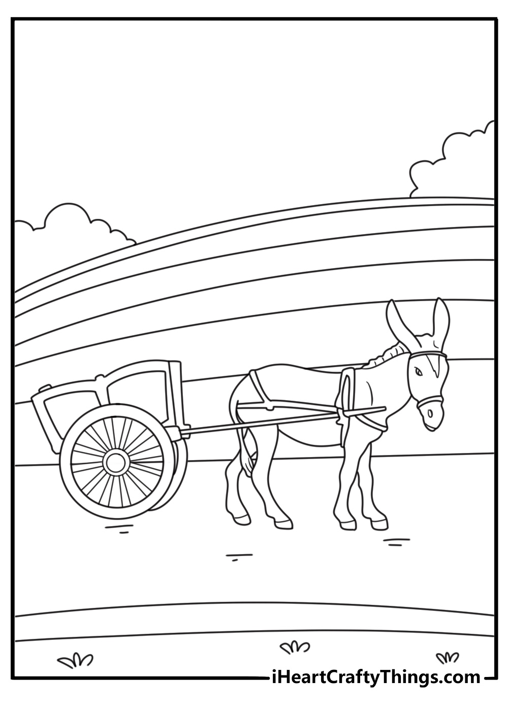 Donkey pulling small cart along farm lane detailed coloring sheet