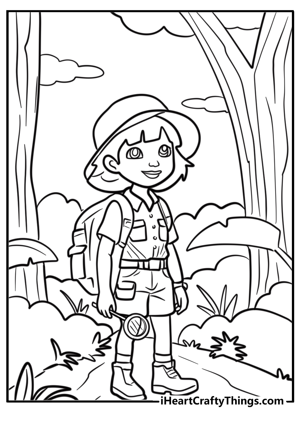 Dora with a magnifying glass exploring the jungle coloring sheet