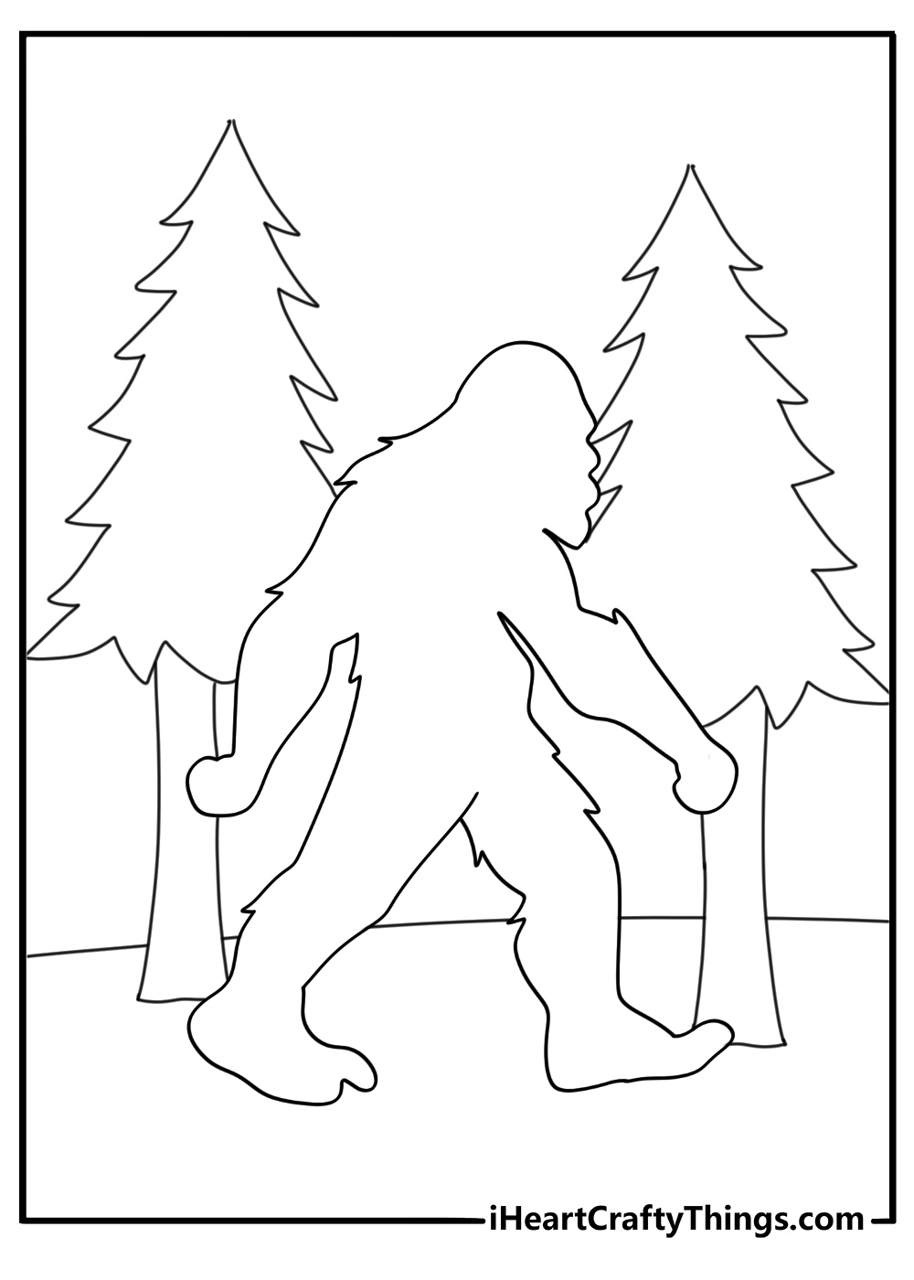 Downloadable pdf Bigfoot coloring sheet with silhouette between tall pines under moonlight
