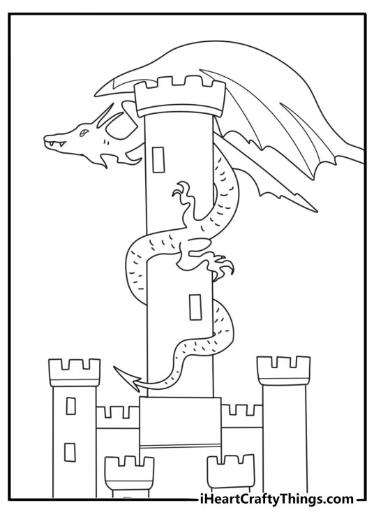 Dragon circling high tower fantasy castle coloring page pdf