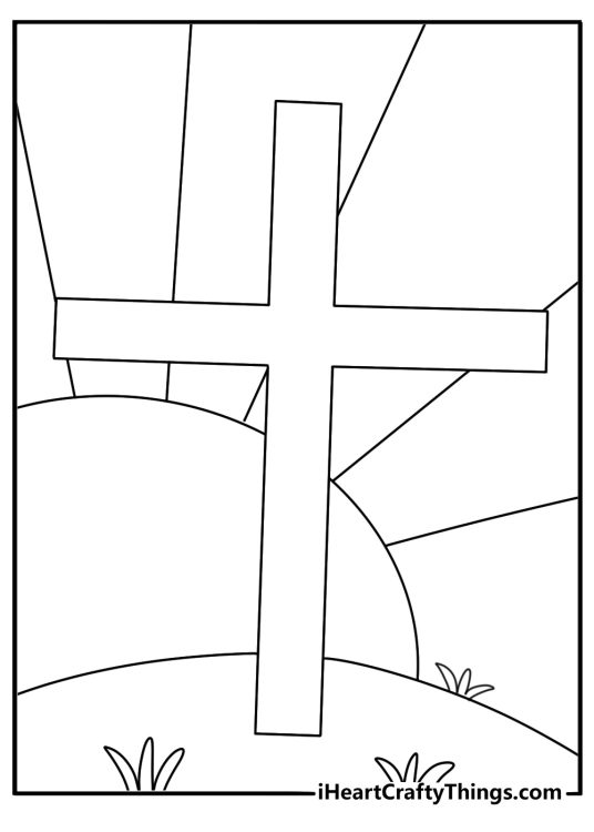 Easter cross coloring page with a cross beside a sunrise garden