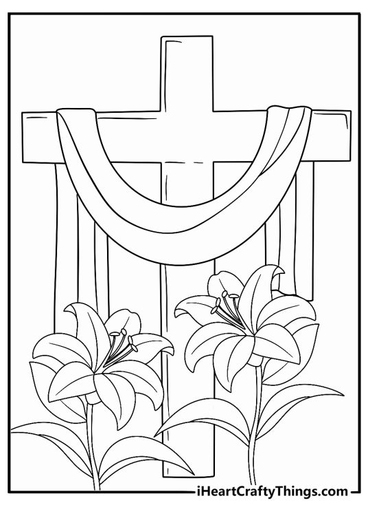 Easter cross coloring pages printable with lilies at the base