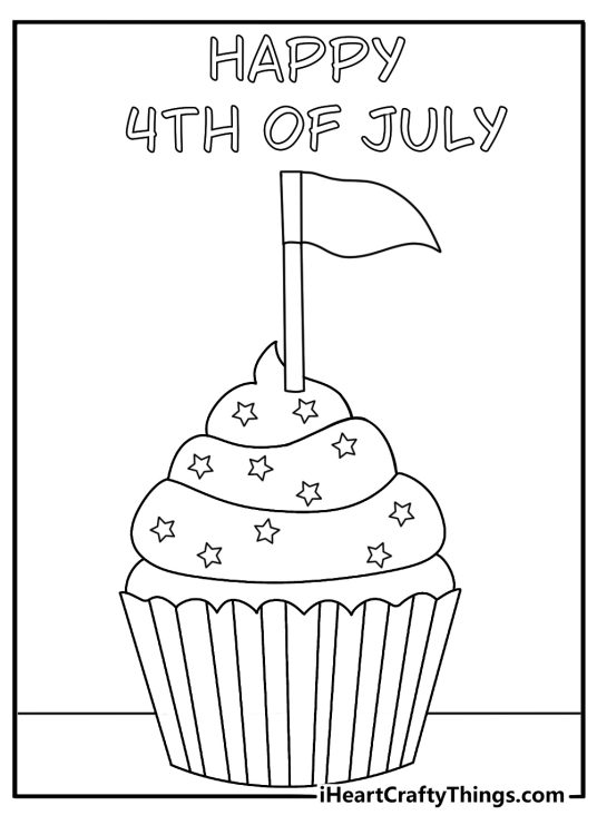 Easy 4th of July coloring page with a cupcake topped with a small flag
