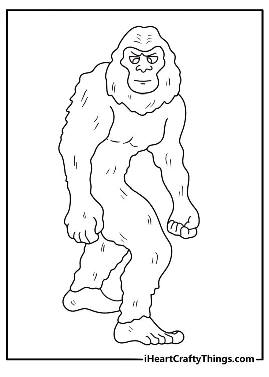Easy Bigfoot coloring page pdf with bold outline and wide open background