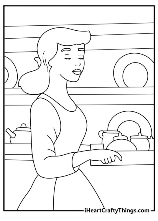 Easy Cinderella coloring page with Cinderella beside a kitchen hearth