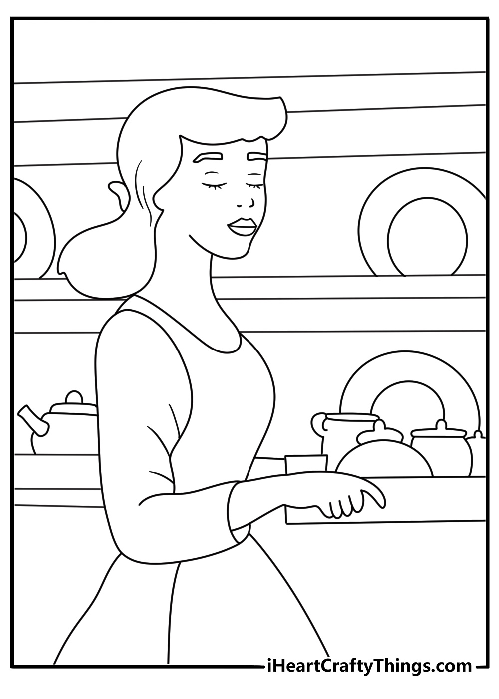 Easy Cinderella coloring page with Cinderella beside a kitchen hearth
