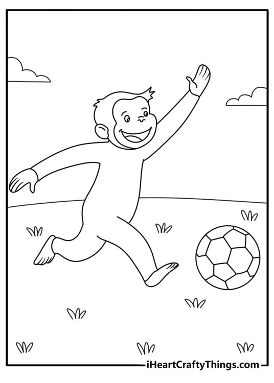 Easy Curious George coloring page with George rolling a soccer ball across grass