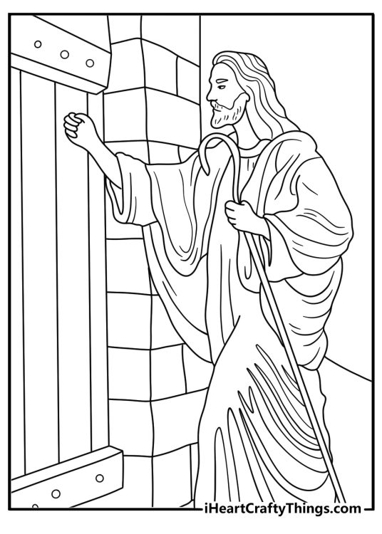 Easy Jesus coloring page with Jesus knocking at a wooden door