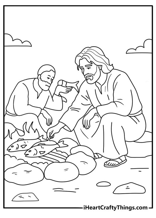 Easy Jesus coloring page with Jesus sharing a meal beside a fire