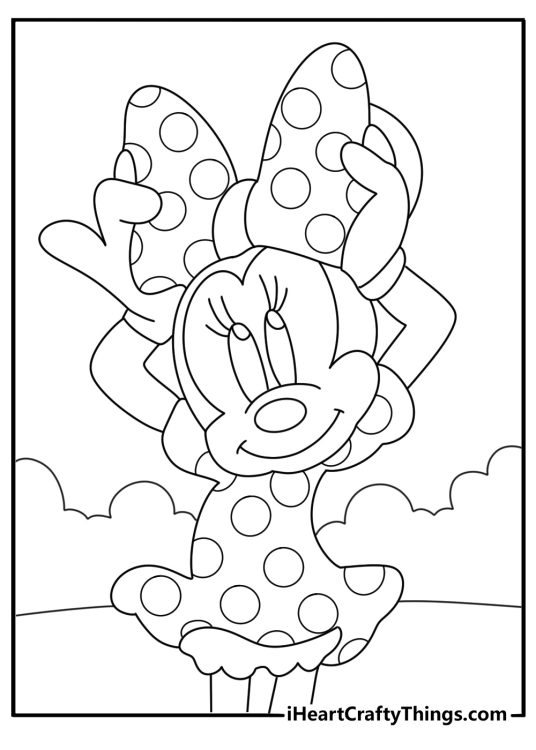 Easy Minnie Mouse coloring page with large bow and polka dot dress