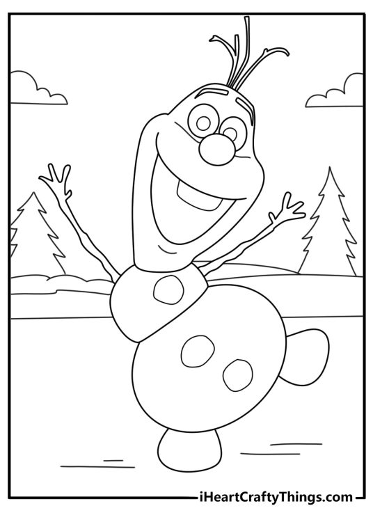 Easy Olaf coloring sheet showing him by a frozen lake