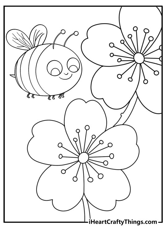 Easy bee coloring pages image of a round bee near a large blossomk_3 20