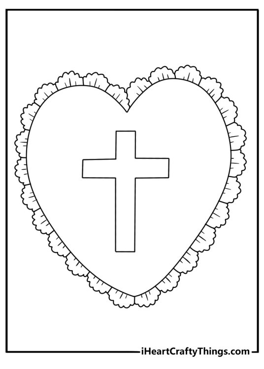 Easy cross coloring page with a cross inside a heart frame