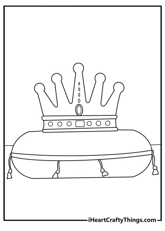 Easy crown coloring page with a cartoon crown on a round cushion