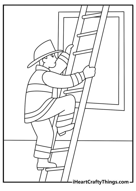 Easy fire truck coloring page with firefighter climbing extended ladder to window