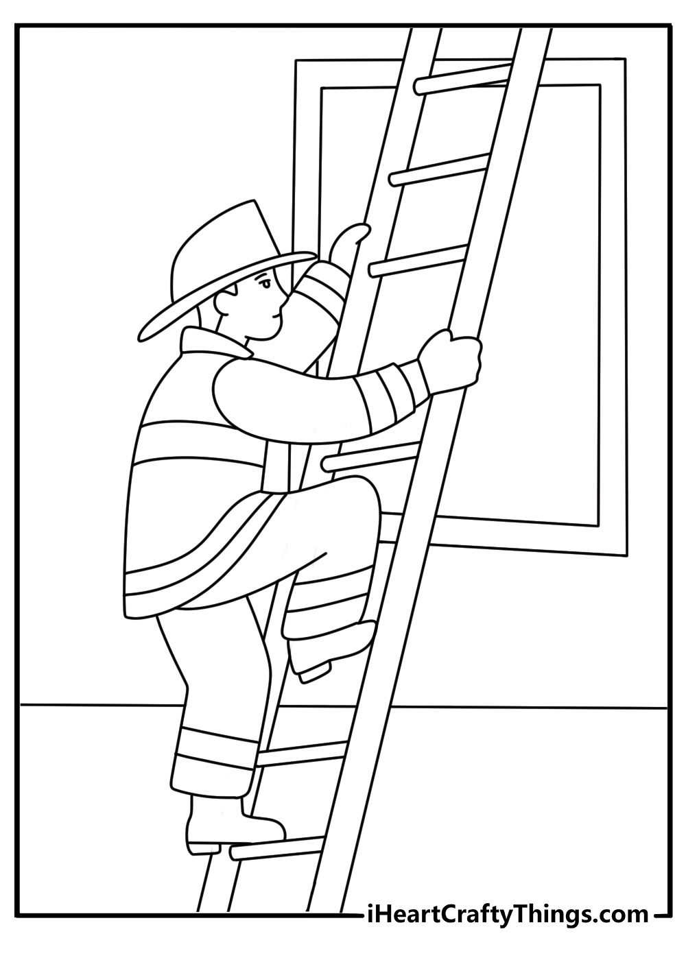 Easy fire truck coloring page with firefighter climbing extended ladder to window