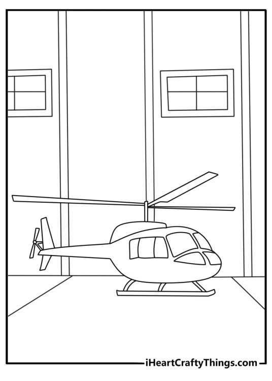 Easy helicopter coloring page with a small helicopter in a hangar