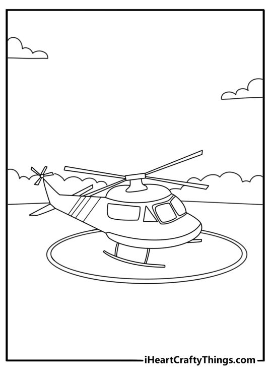 Easy helicopter coloring page with a training helicopter on an airfield runway