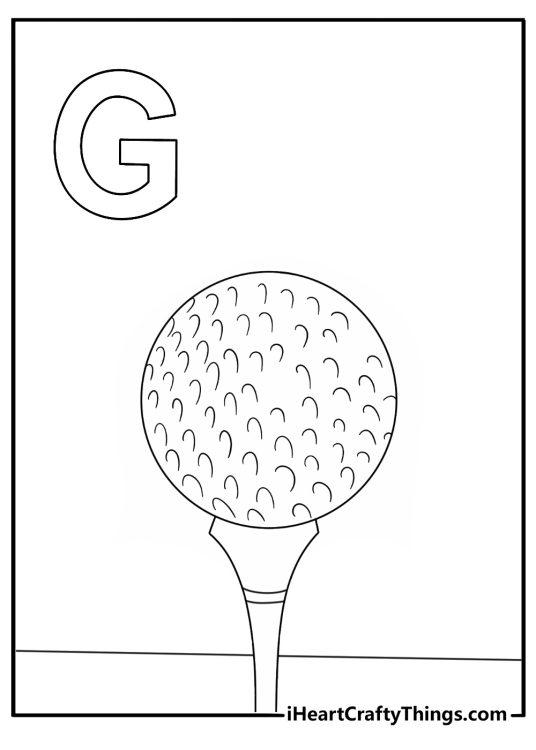 Easy letter G coloring page with a golf ball and club beside the letter