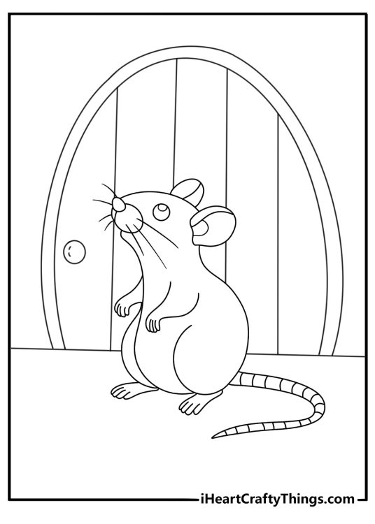 Easy mouse coloring page with a mouse sitting near a tiny door
