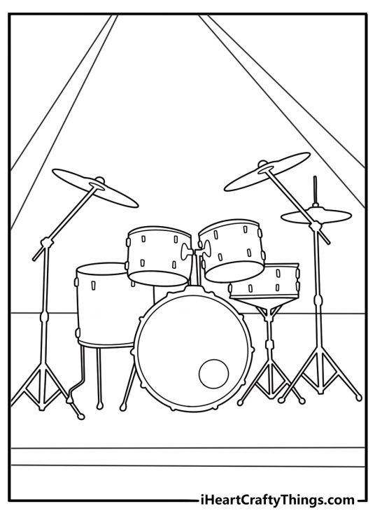 Easy music coloring page for kids with drum set on small stage under spotlight