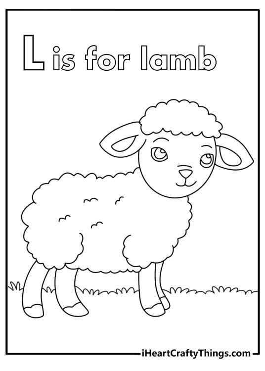 Easy printable of letter L with a little lamb in grass