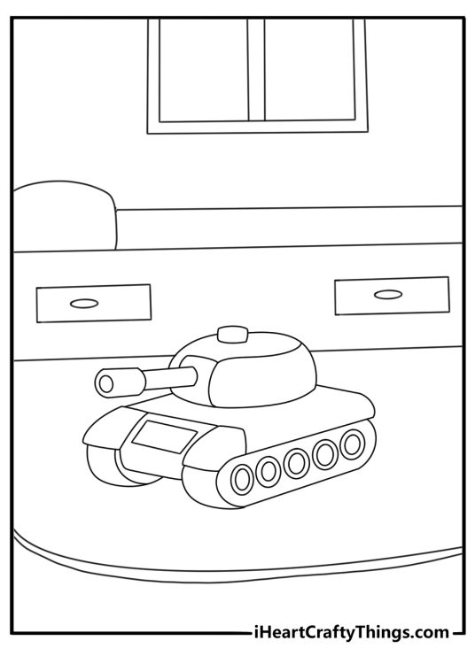 Easy tank coloring page with a toy tank on a bedroom floor