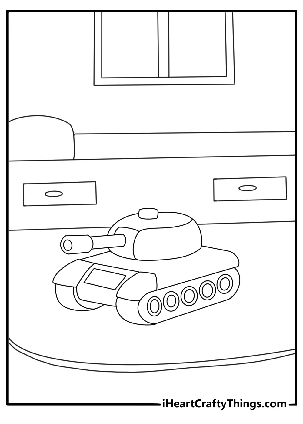 Easy tank coloring page with a toy tank on a bedroom floor