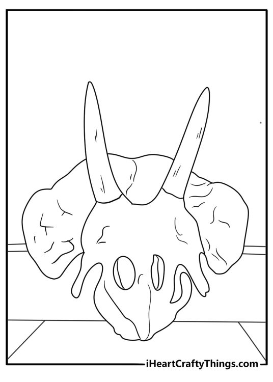 Easy triceratops coloring sheet featuring a skull in a museum display