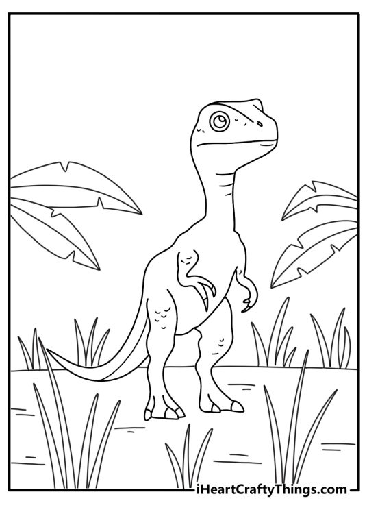 Easy velociraptor coloring page with a baby raptor peeking from tall grass