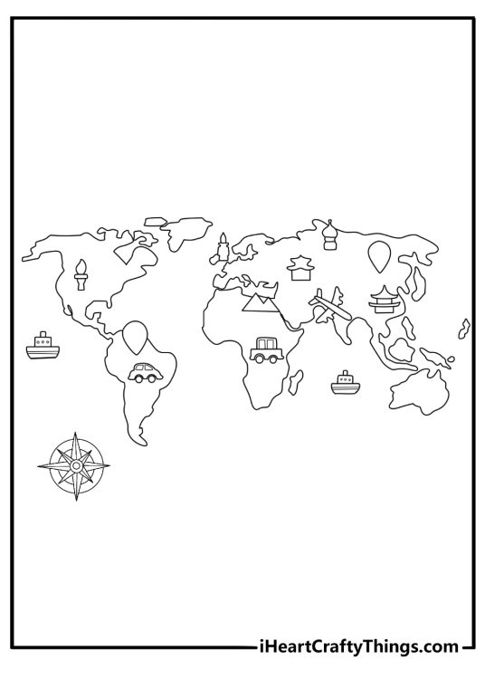 Easy world map coloring page with compass rose in one corner