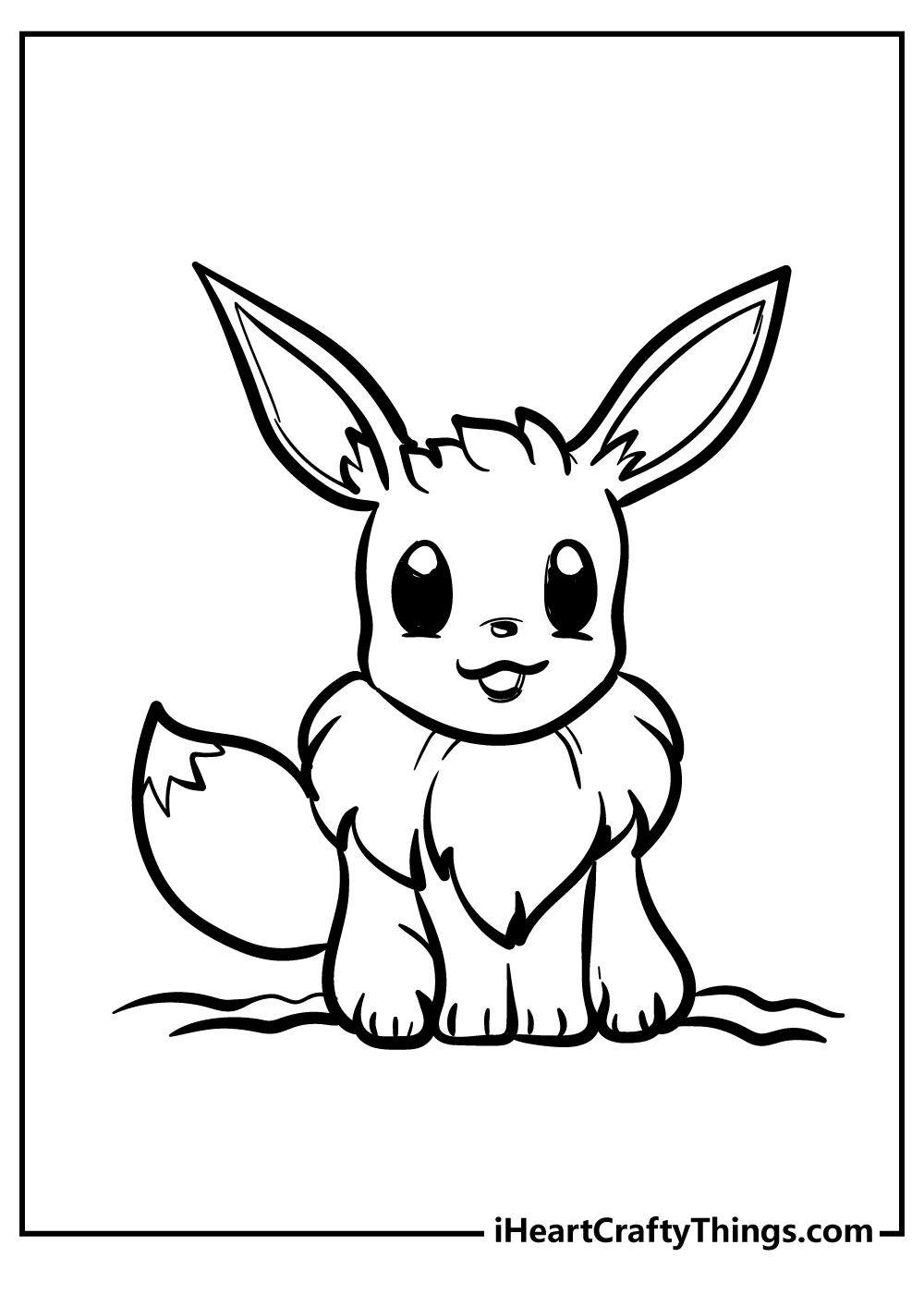 Pokemon-themed coloring sheet featuring cheerful Pokemon Eevee sitting outdoors