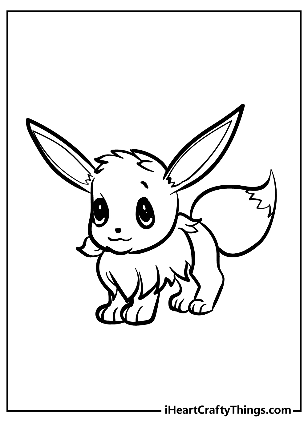 Printable coloring page for kids featuring Pokemon Eevee standing on four feet looking a bit guilty