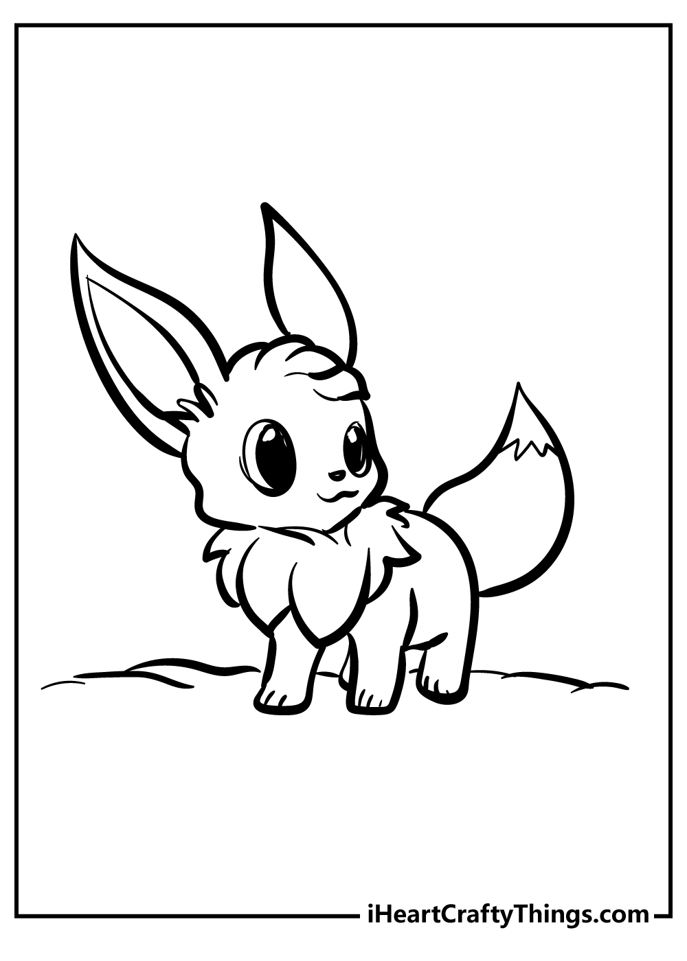 Black-and-white coloring sheet for children featuring Eevee who seems to be on the lookout