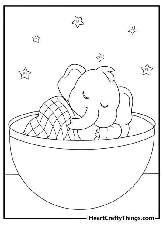 Elephant in blanket resting with warm porridge bowl kawaii coloring printable