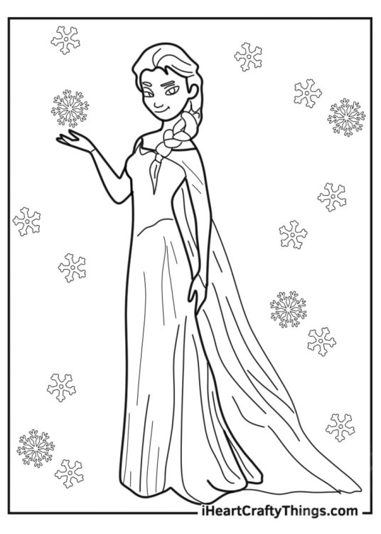 Elsa Stunning Dress With Snowflake Background Coloring Page