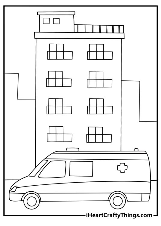 Emergency vehicle coloring page with an ambulance stopping near an apartment building