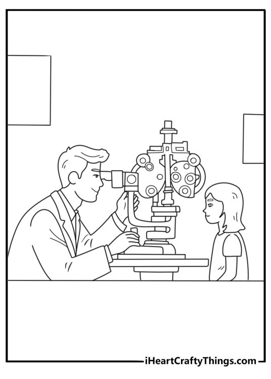 Eye doctor using phoropter with vision chart advanced coloring page for adults