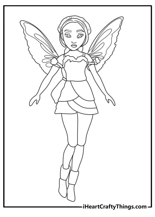 Fairy doll with delicate wings kawaii coloring page for kids
