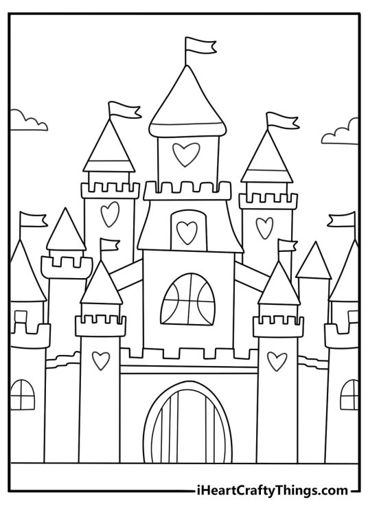 Fairy tale castle with heart windows cute kawaii coloring sheet for kids