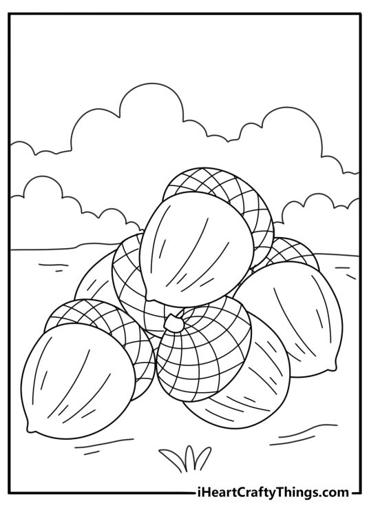 Fall acorn coloring pages with pile of nuts on ground and fallen leaves