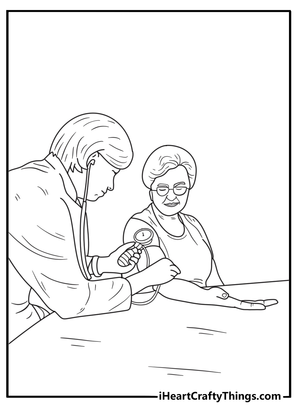 Family doctor measuring blood pressure with cuff in exam room easy coloring page