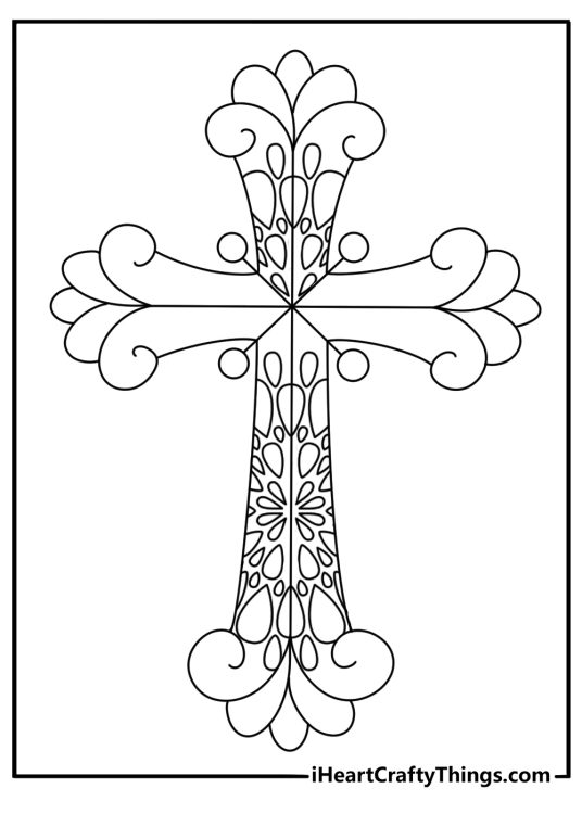Fancy cross coloring page with lace patterns around the outline